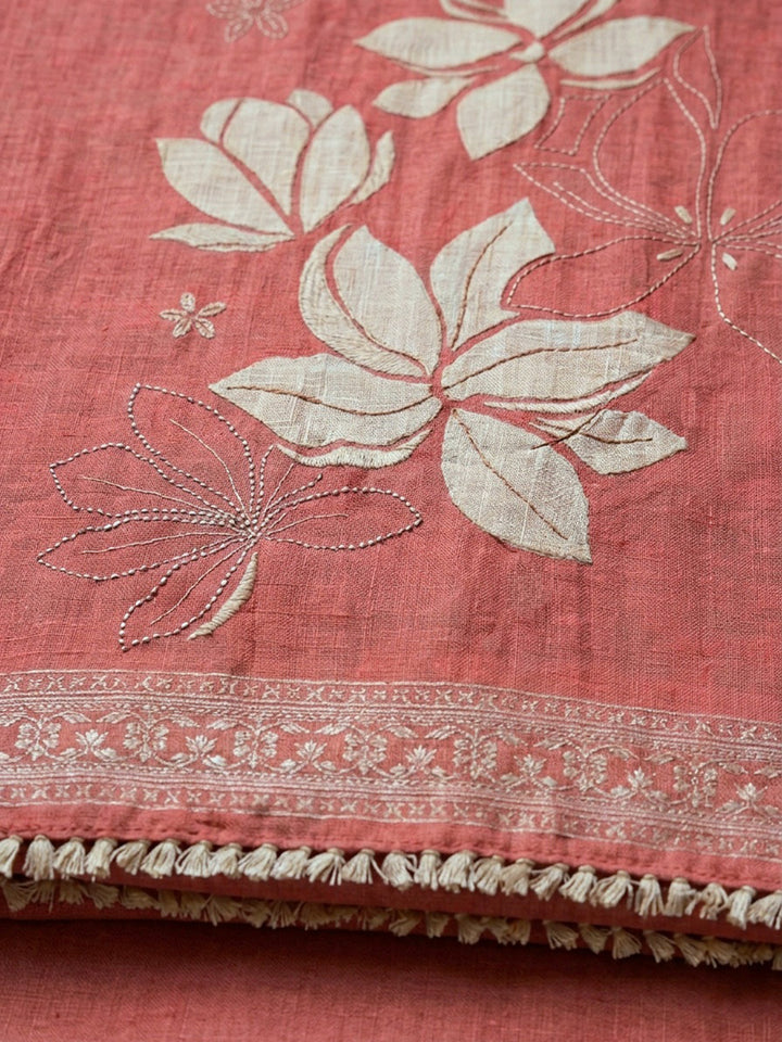 Dusty Pink Printed Linen Blend Unstitched Suit With Pant &amp; Dupatta