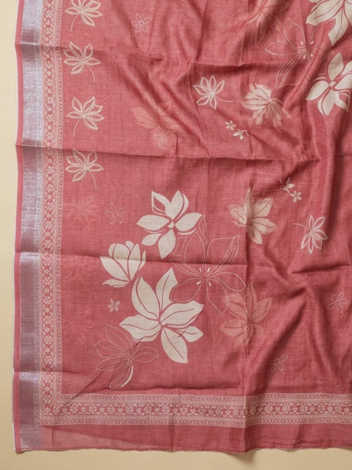 Dusty Pink Printed Linen Blend Unstitched Suit With Pant &amp; Dupatta
