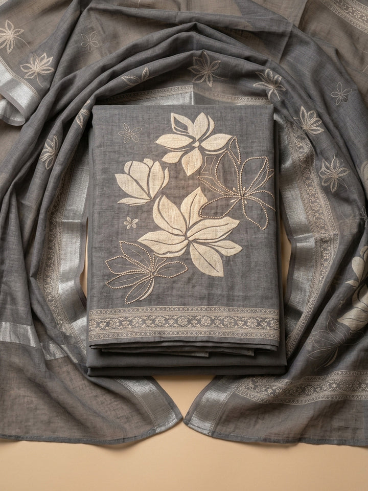 Grey Printed Linen Blend Unstitched Suit With Pant &amp; Dupatta