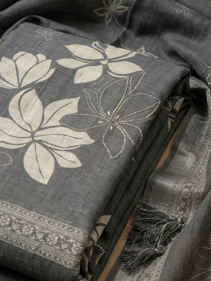Grey Printed Linen Blend Unstitched Suit With Pant &amp; Dupatta