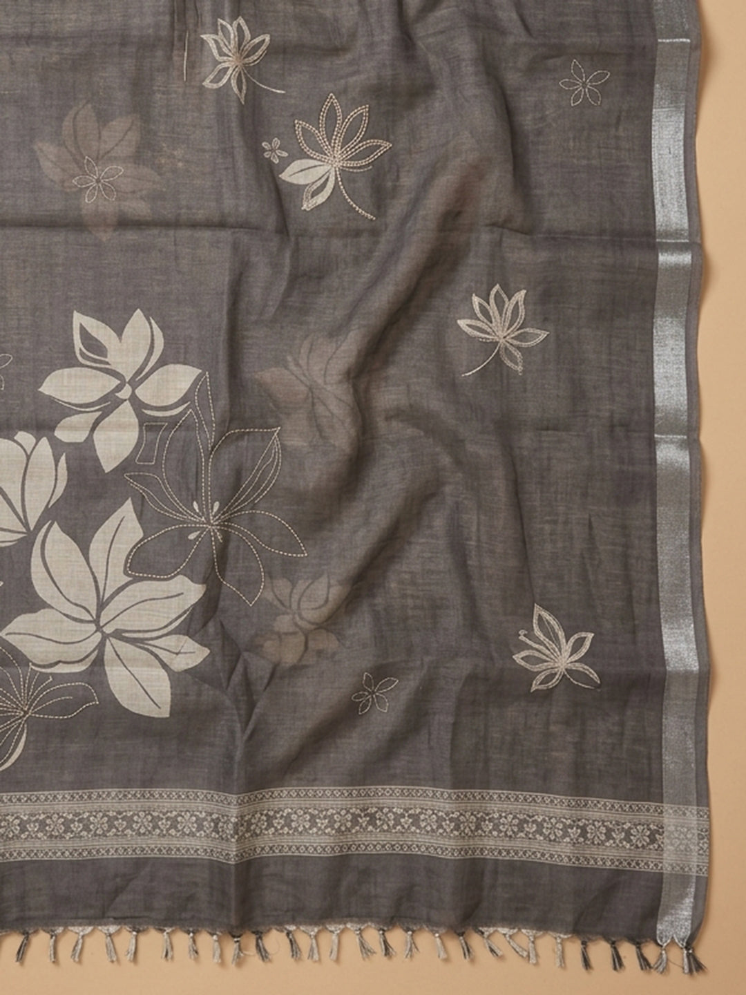 Grey Printed Linen Blend Unstitched Suit With Pant &amp; Dupatta