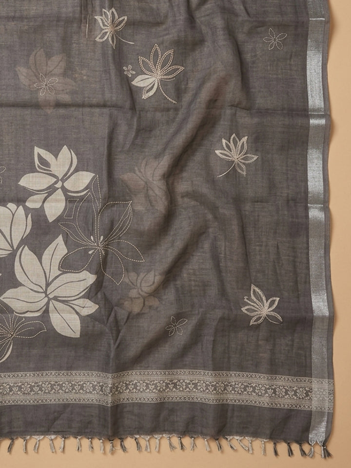 Grey Printed Linen Blend Unstitched Suit With Pant &amp; Dupatta