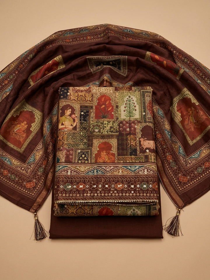 Brown Printed Chanderi Unstitched Suit With Pant &amp; Dupatta