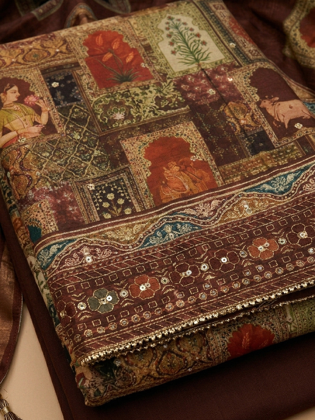 Brown Printed Chanderi Unstitched Suit With Pant &amp; Dupatta