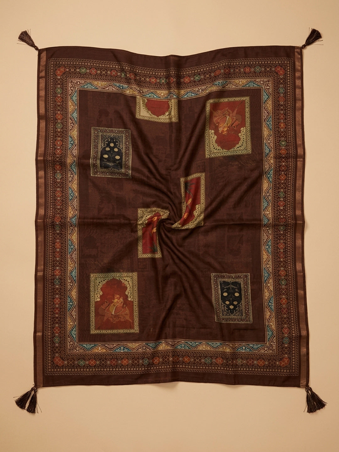 Brown Printed Chanderi Unstitched Suit With Pant &amp; Dupatta