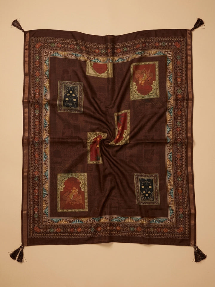 Brown Printed Chanderi Unstitched Suit With Pant &amp; Dupatta