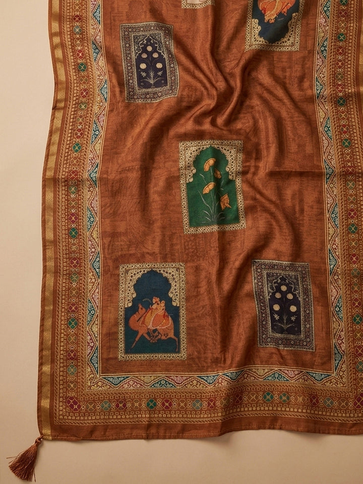 Orange Printed Chanderi Unstitched Suit With Pant &amp; Dupatta