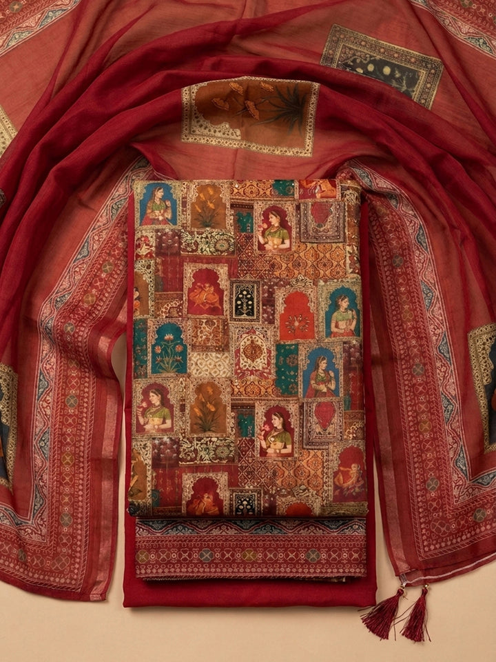 Red Printed Chanderi Unstitched Suit With Pant &amp; Dupatta