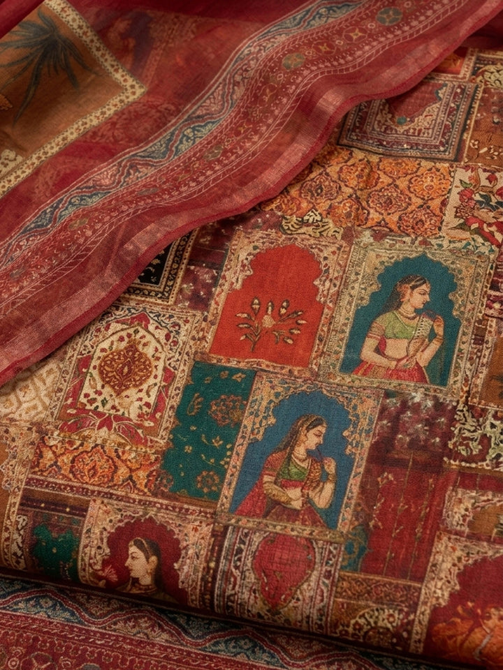 Red Printed Chanderi Unstitched Suit With Pant &amp; Dupatta