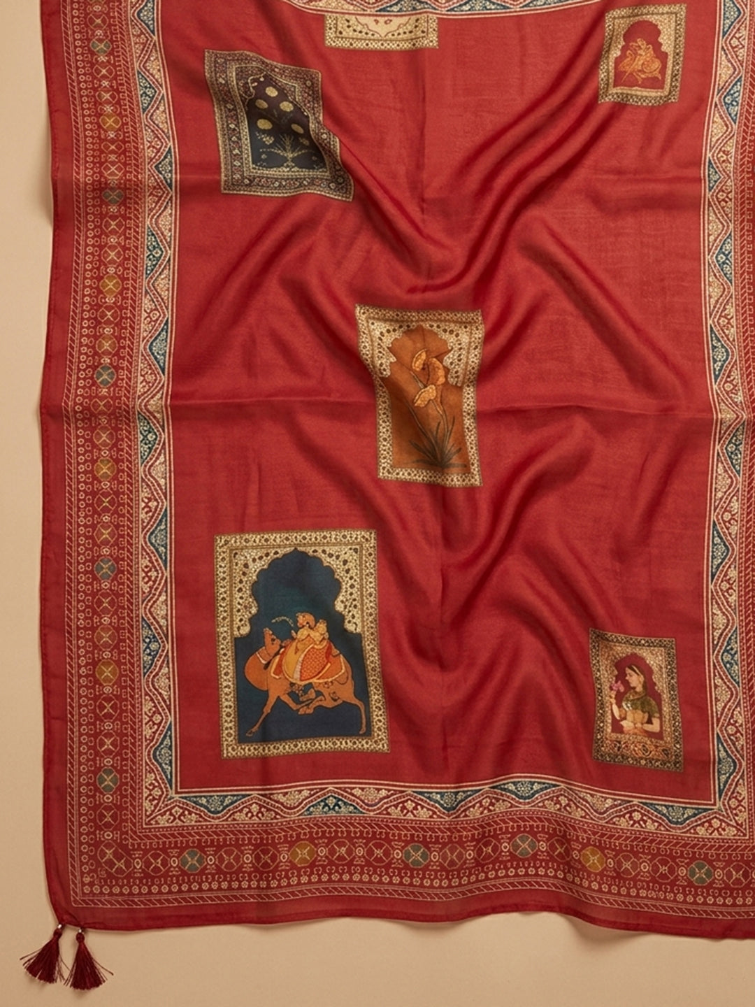 Red Printed Chanderi Unstitched Suit With Pant &amp; Dupatta