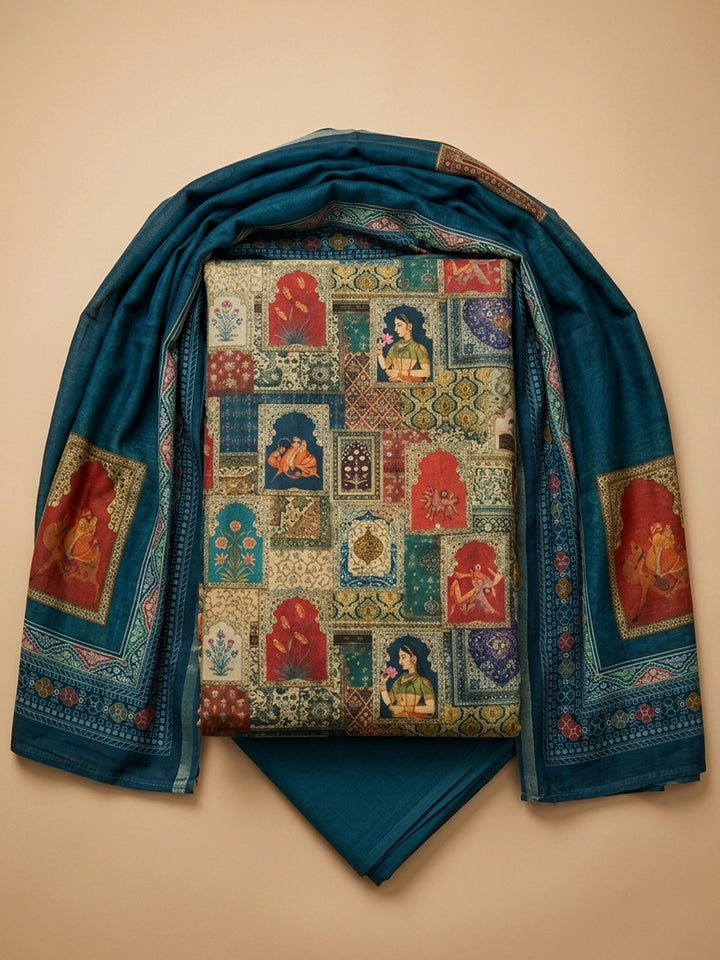 Teal Blue Printed Chanderi Unstitched Suit With Pant &amp; Dupatta