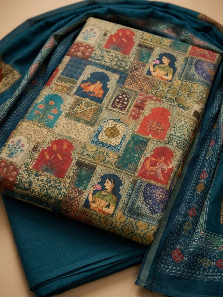Teal Blue Printed Chanderi Unstitched Suit With Pant &amp; Dupatta