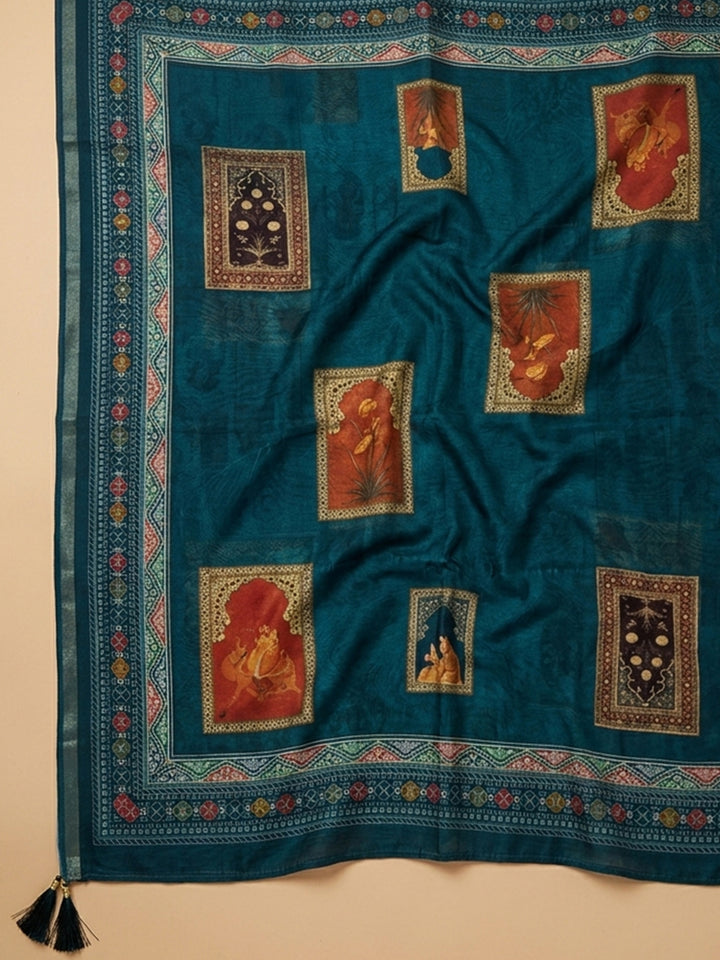 Teal Blue Printed Chanderi Unstitched Suit With Pant &amp; Dupatta