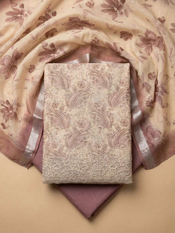 Dusty Pink Printed Linen Blend Unstitched Suit With Pant &amp; Dupatta