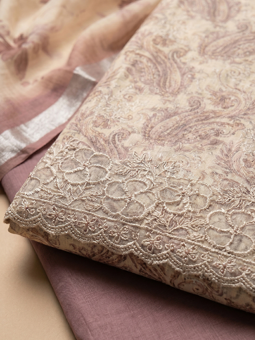 Dusty Pink Printed Linen Blend Unstitched Suit With Pant &amp; Dupatta