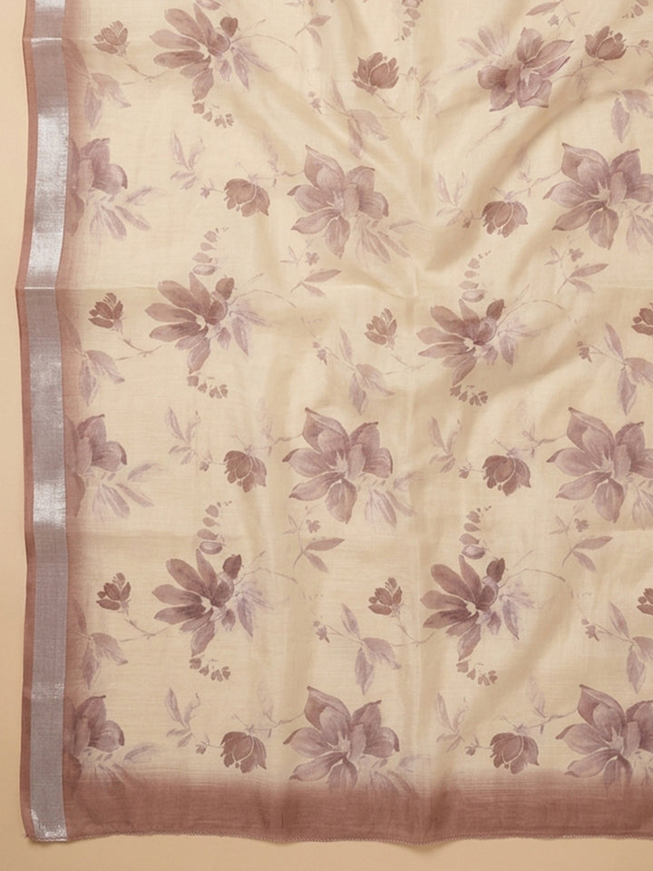 Dusty Pink Printed Linen Blend Unstitched Suit With Pant &amp; Dupatta