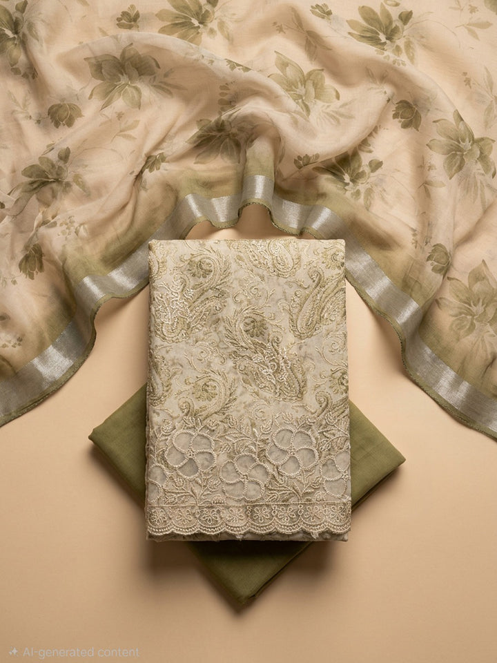 Olive Green Printed Linen Blend Unstitched Suit With Pant &amp; Dupatta