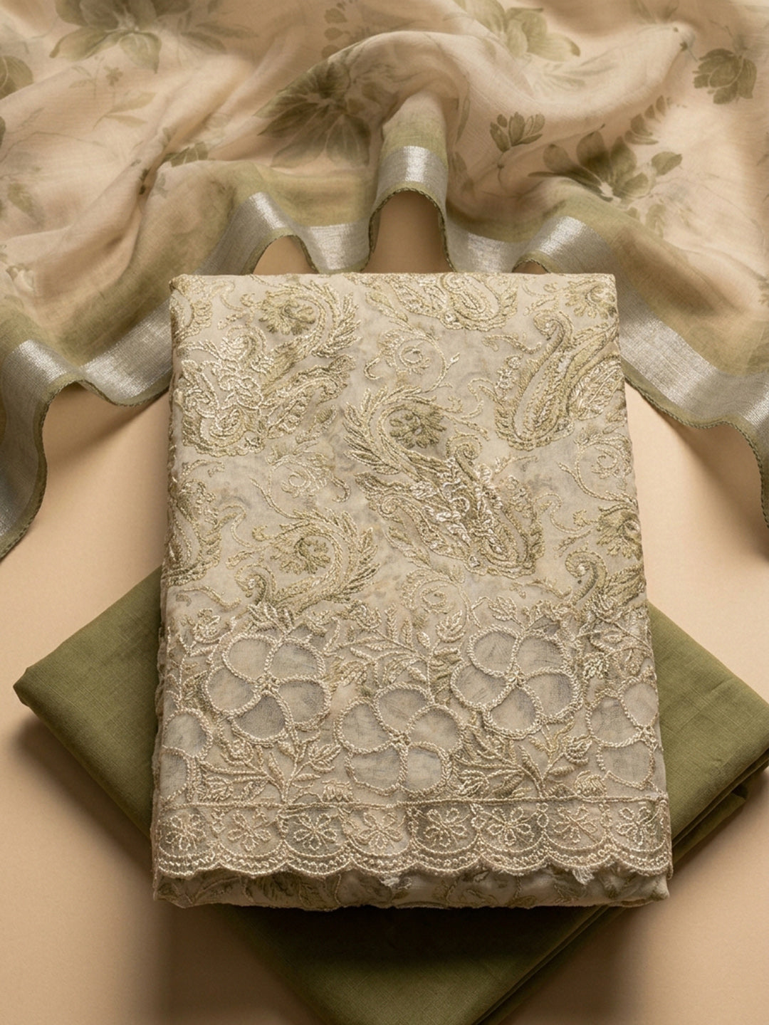 Olive Green Printed Linen Blend Unstitched Suit With Pant &amp; Dupatta