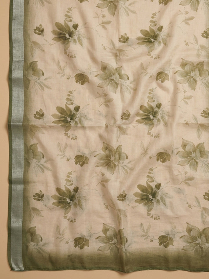 Olive Green Printed Linen Blend Unstitched Suit With Pant &amp; Dupatta