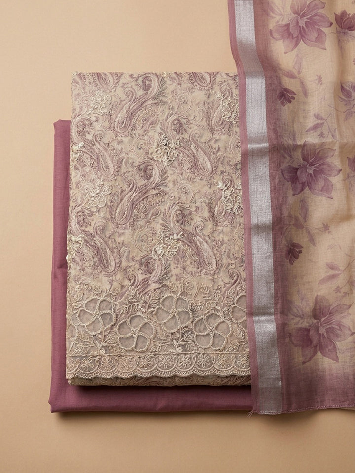 Onion Pink Printed Linen Blend Unstitched Suit With Pant &amp; Dupatta