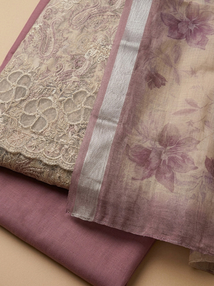 Onion Pink Printed Linen Blend Unstitched Suit With Pant &amp; Dupatta