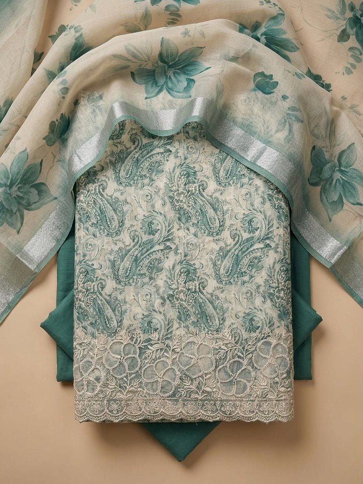 Sea Green Printed Linen Blend Unstitched Suit With Pant &amp; Dupatta