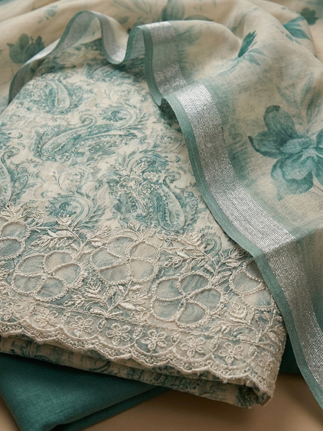 Sea Green Printed Linen Blend Unstitched Suit With Pant &amp; Dupatta