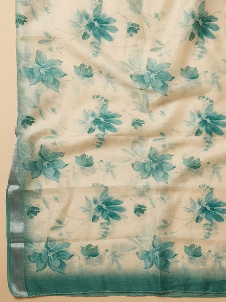 Sea Green Printed Linen Blend Unstitched Suit With Pant &amp; Dupatta