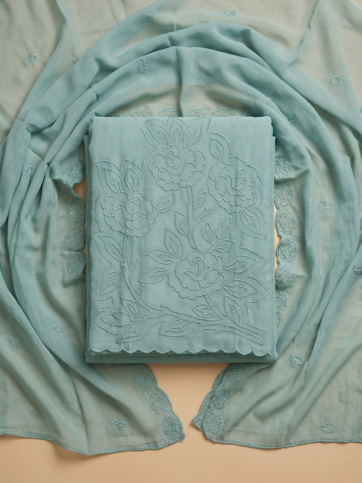 Aqua Green Embroidered Chanderi Unstitched Suit With Pant &amp; Dupatta