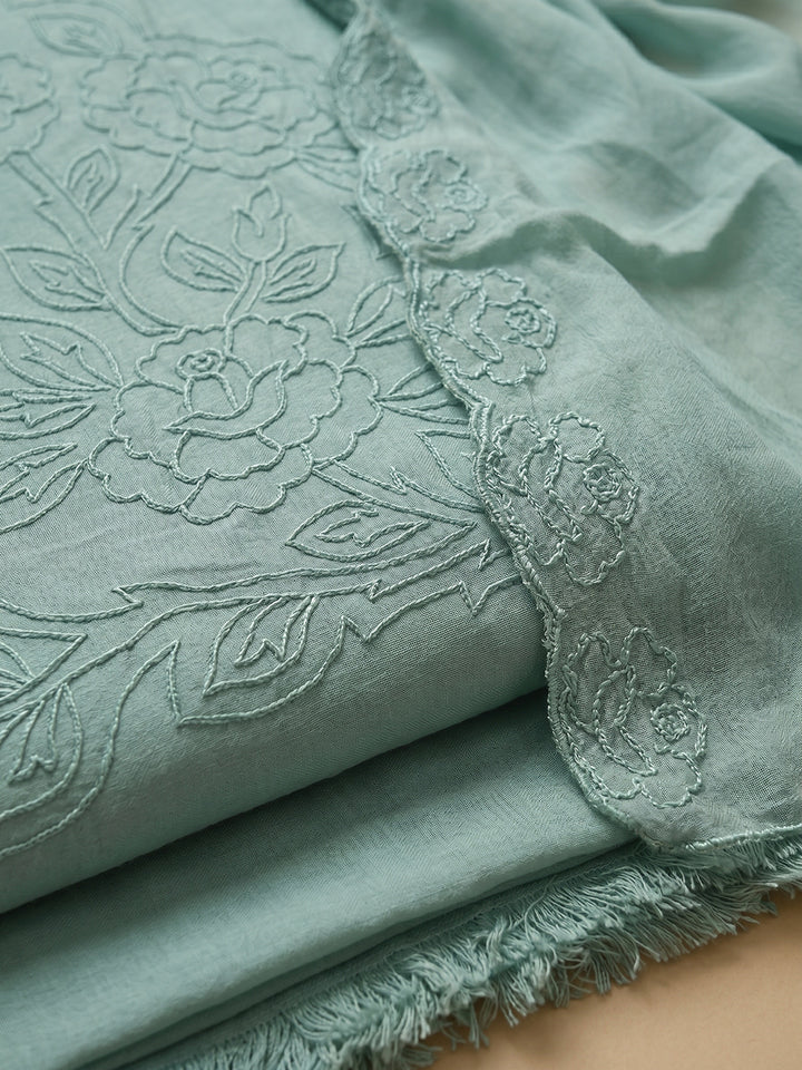 Aqua Green Embroidered Chanderi Unstitched Suit With Pant &amp; Dupatta