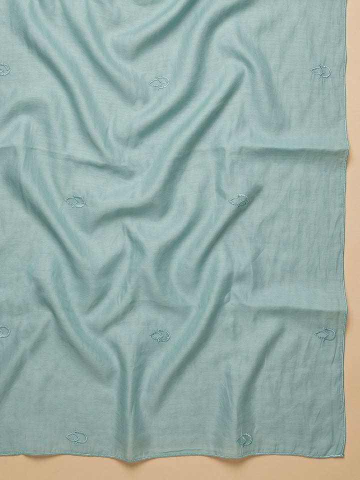 Aqua Green Embroidered Chanderi Unstitched Suit With Pant &amp; Dupatta