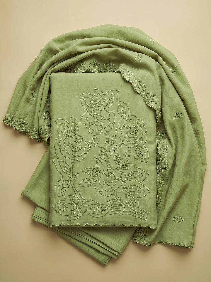 Mehndi Embroidered Chanderi Unstitched Suit With Pant &amp; Dupatta