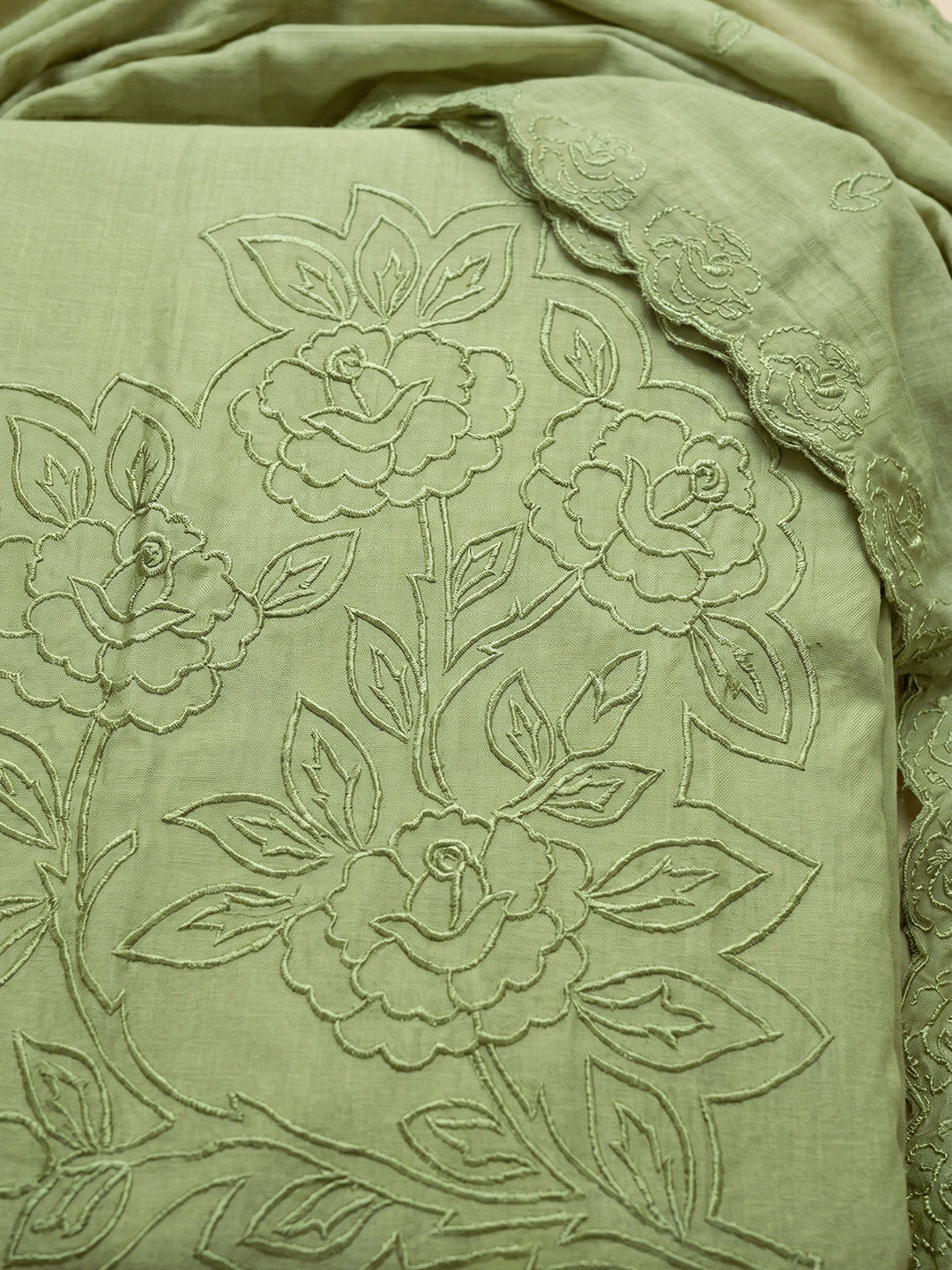 Mehndi Embroidered Chanderi Unstitched Suit With Pant &amp; Dupatta