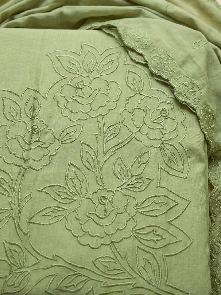 Mehndi Embroidered Chanderi Unstitched Suit With Pant &amp; Dupatta