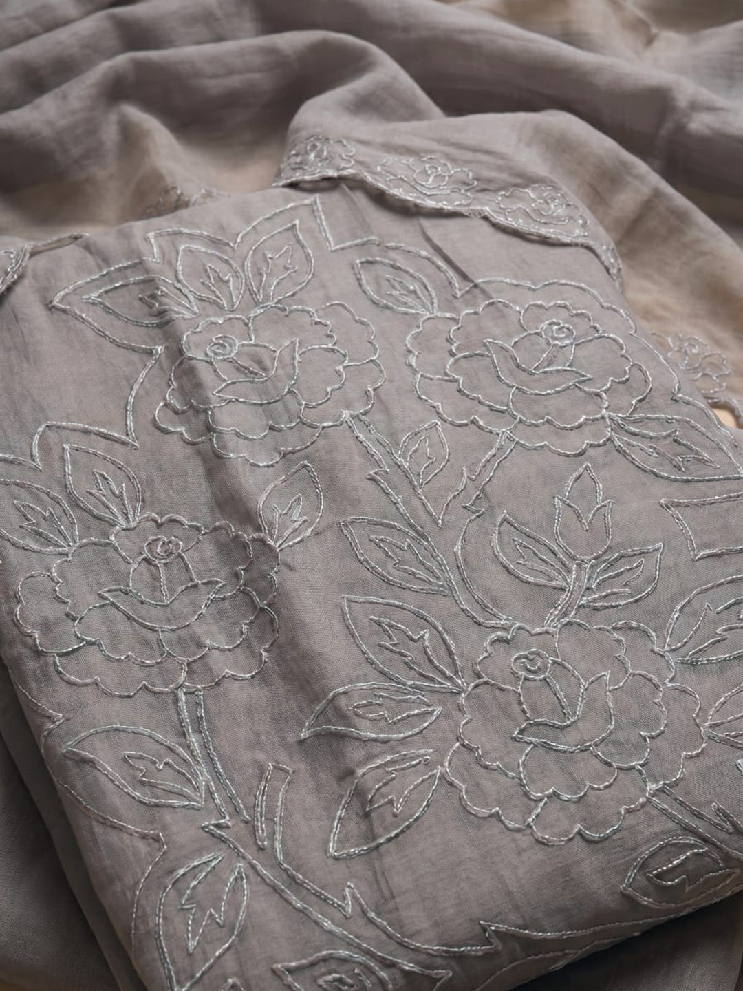 Mouse Embroidered Chanderi Unstitched Suit With Pant &amp; Dupatta