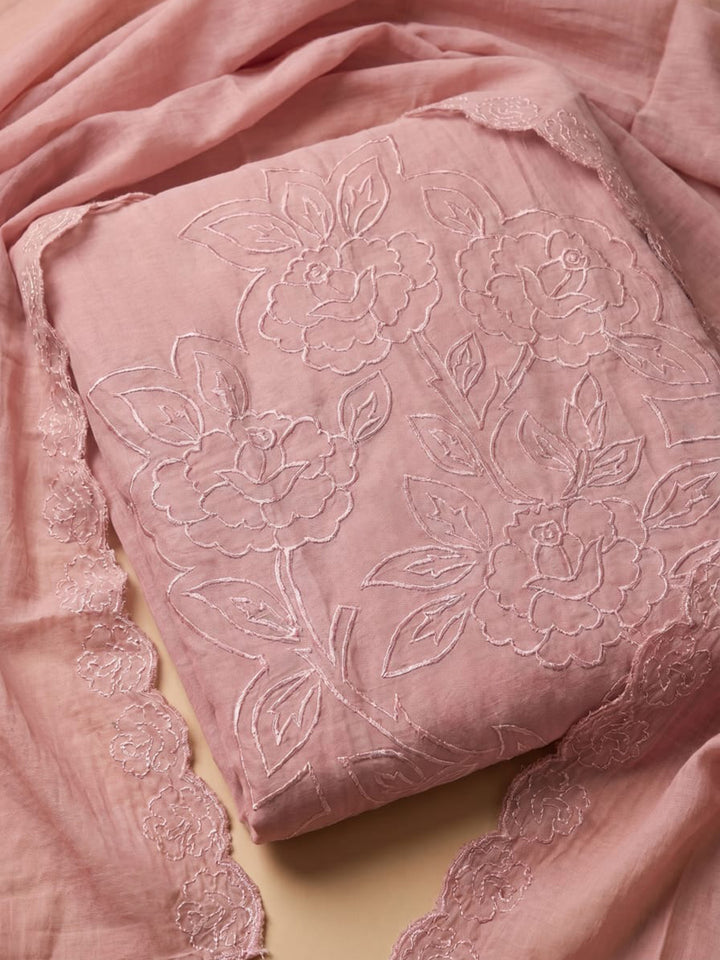 Peach Embroidered Chanderi Unstitched Suit With Pant &amp; Dupatta