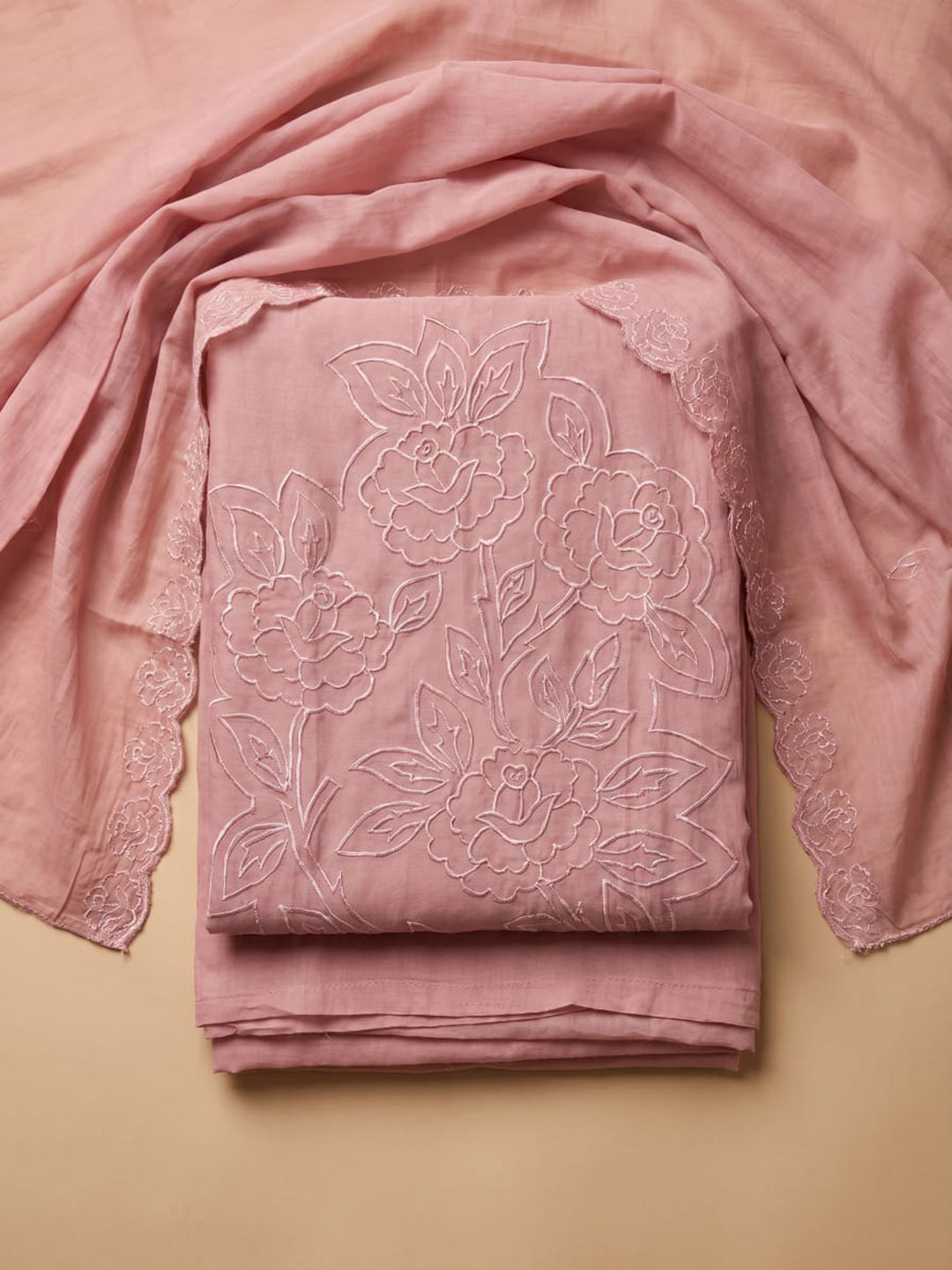 Peach Embroidered Chanderi Unstitched Suit With Pant &amp; Dupatta