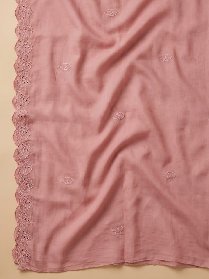 Peach Embroidered Chanderi Unstitched Suit With Pant &amp; Dupatta