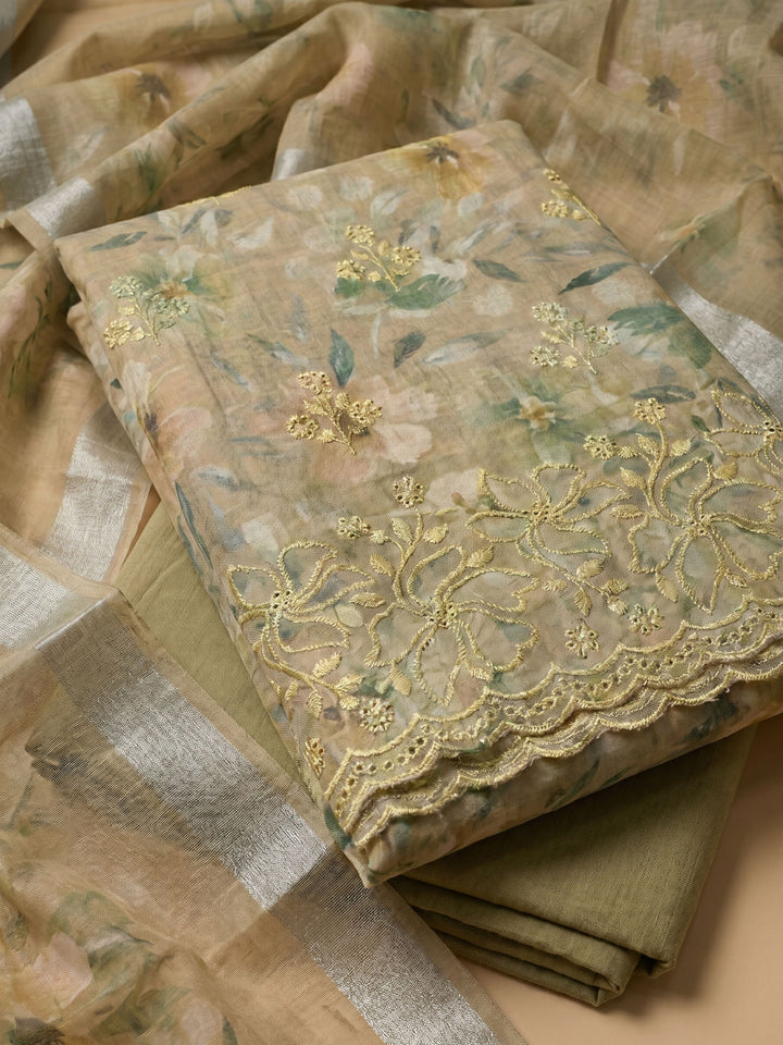 Beige Printed Linen Blend Unstitched Suit With Pant &amp; Dupatta