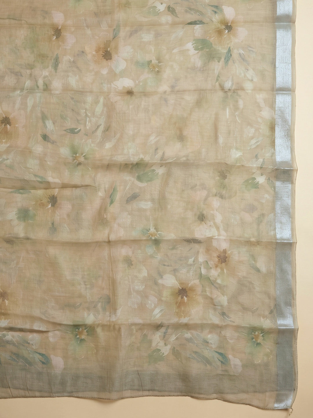 Beige Printed Linen Blend Unstitched Suit With Pant &amp; Dupatta