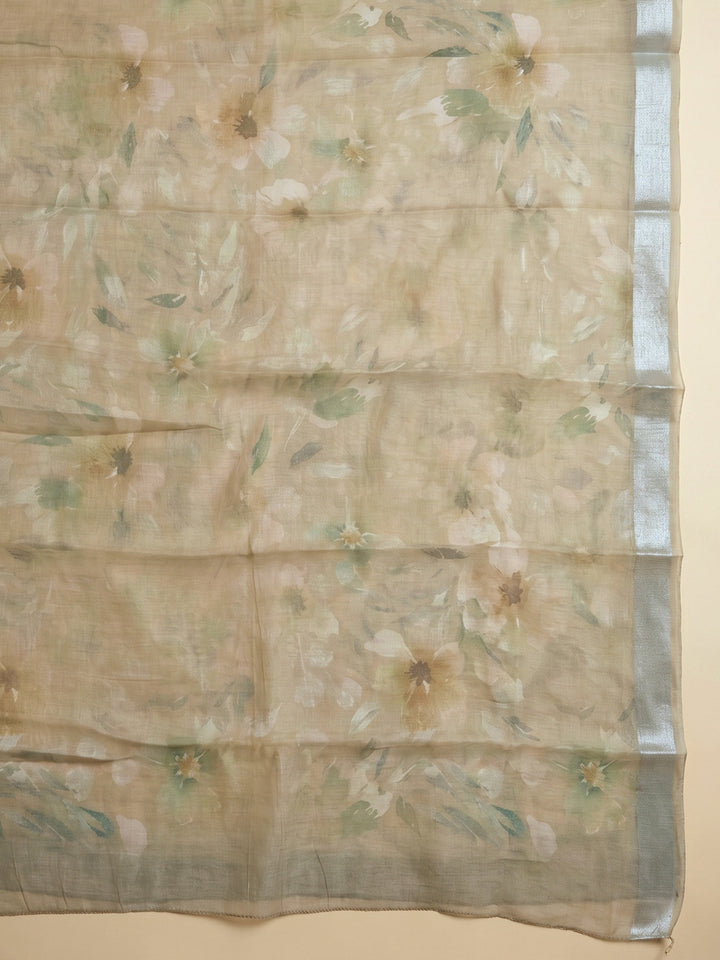 Beige Printed Linen Blend Unstitched Suit With Pant &amp; Dupatta