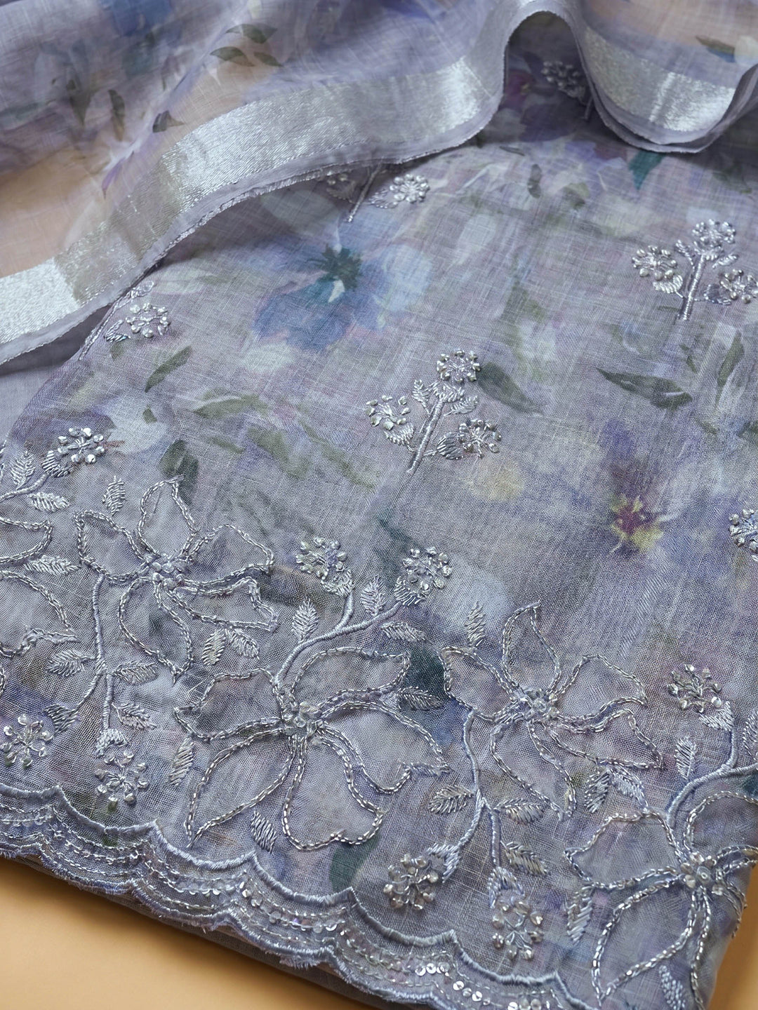 Grey Printed Linen Blend Unstitched Suit With Pant &amp; Dupatta