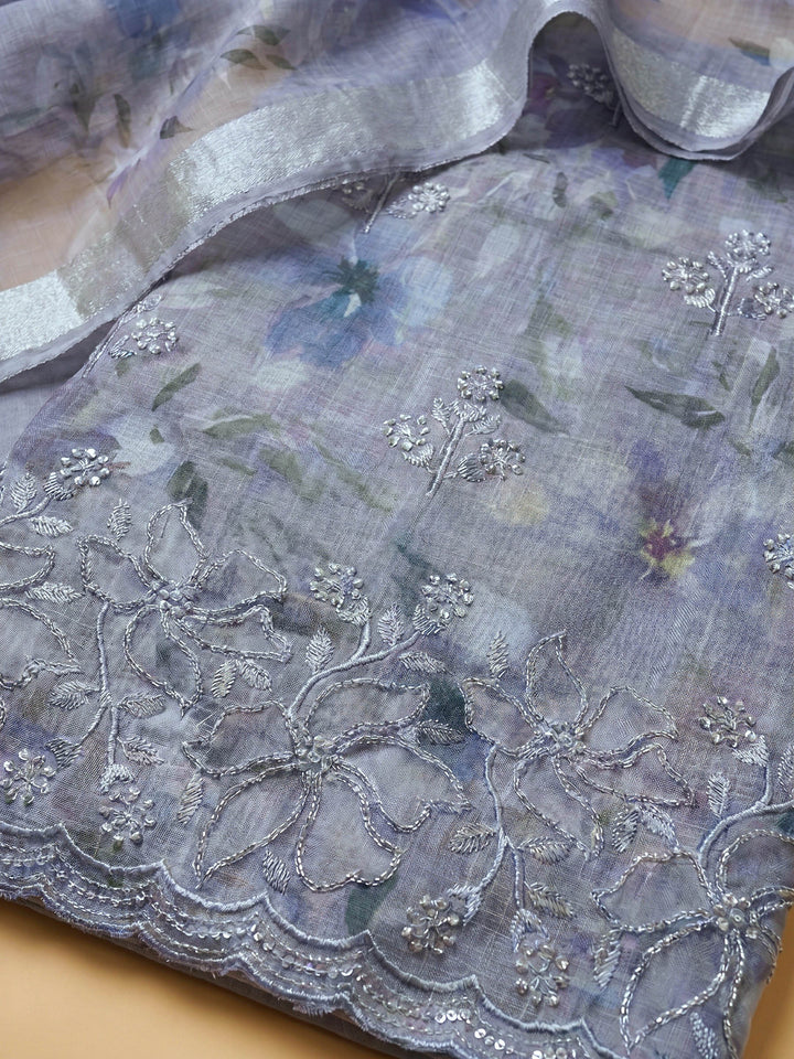 Grey Printed Linen Blend Unstitched Suit With Pant &amp; Dupatta