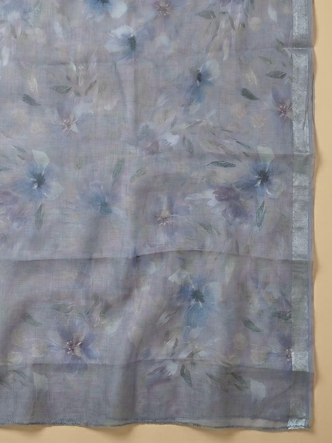 Grey Printed Linen Blend Unstitched Suit With Pant &amp; Dupatta