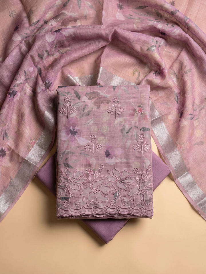 Onion Pink Printed Linen Blend Unstitched Suit With Pant &amp; Dupatta