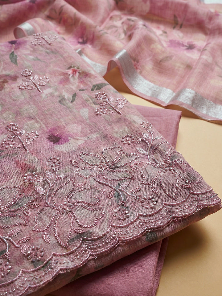 Onion Pink Printed Linen Blend Unstitched Suit With Pant &amp; Dupatta