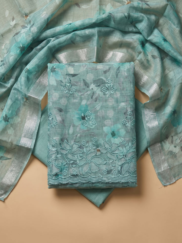 Sea Green Printed Linen Blend Unstitched Suit With Pant &amp; Dupatta