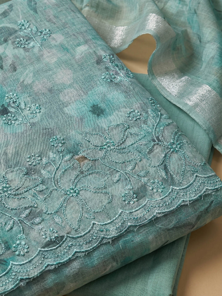 Sea Green Printed Linen Blend Unstitched Suit With Pant &amp; Dupatta