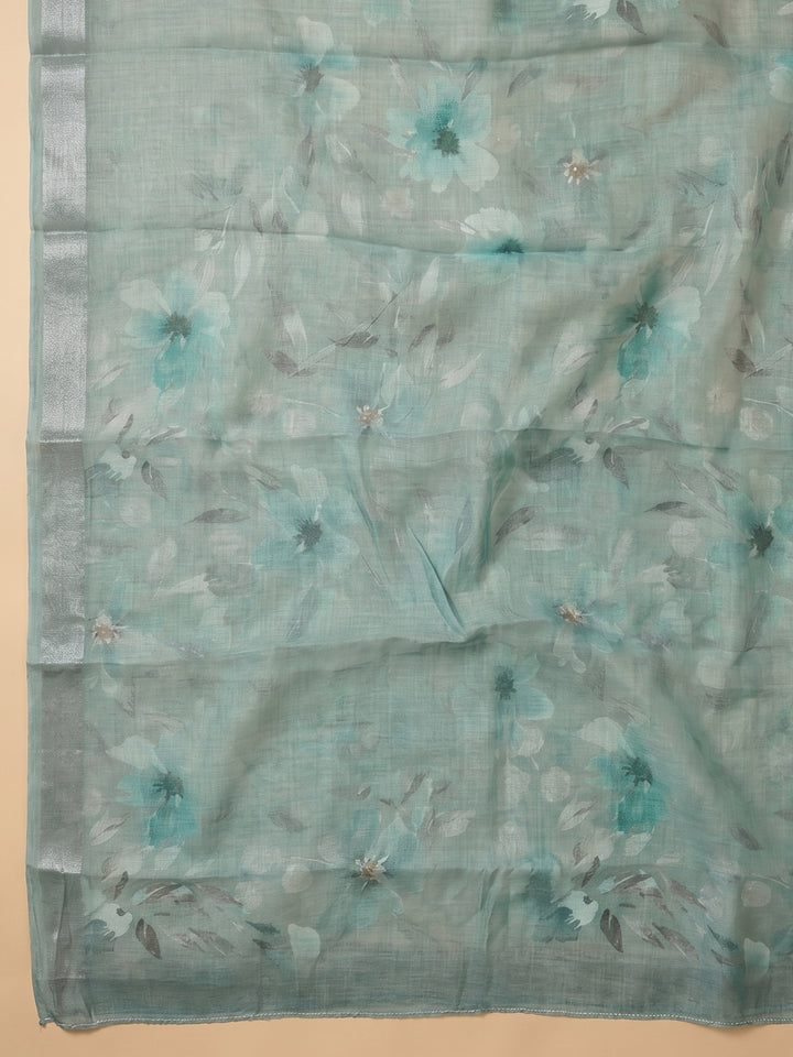 Sea Green Printed Linen Blend Unstitched Suit With Pant &amp; Dupatta