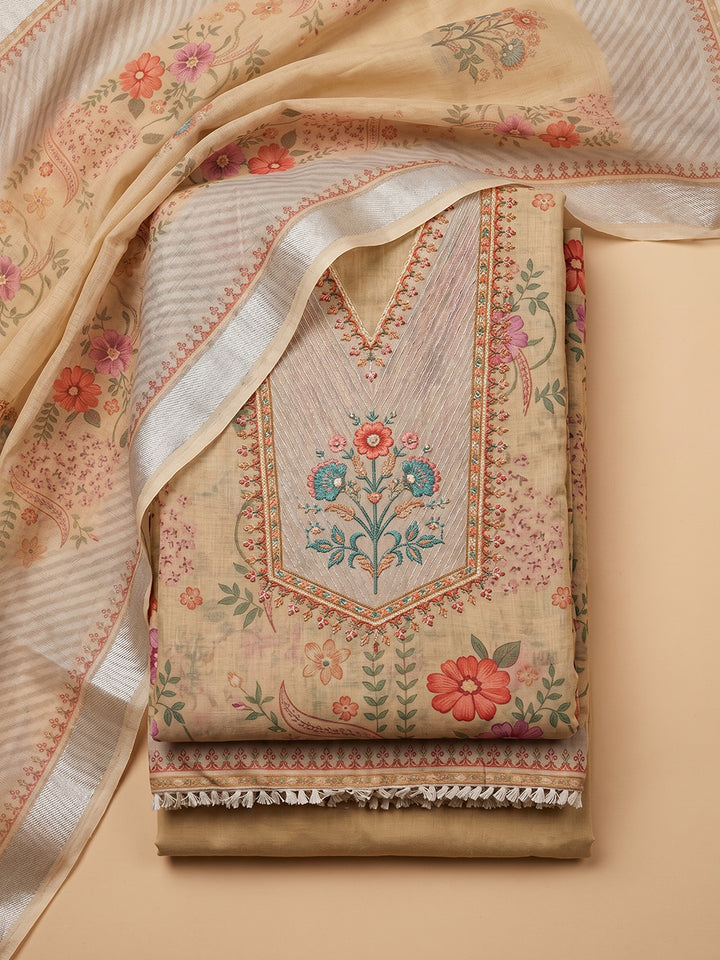 Beige Embroidered Linen Blend Unstitched Suit With Pant &amp; Dupatta